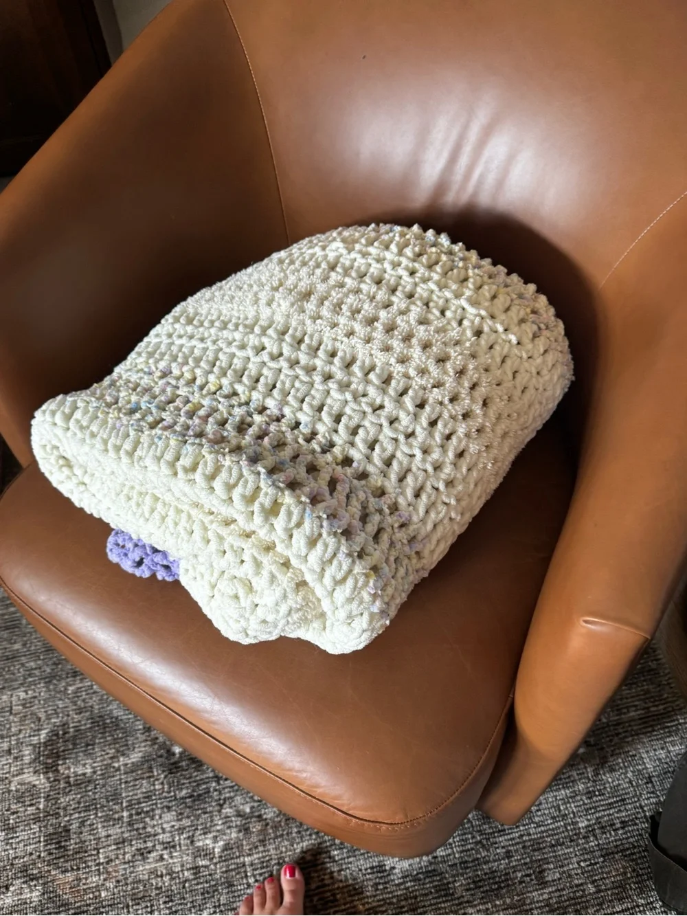 Handmade Cream and Lavender Crochet Throw Blanket - Home Accents